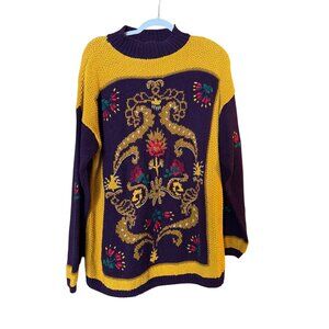 Vintage Casual Corner Knit Sweater Purple & Yellow Floral Design Womens Medium A